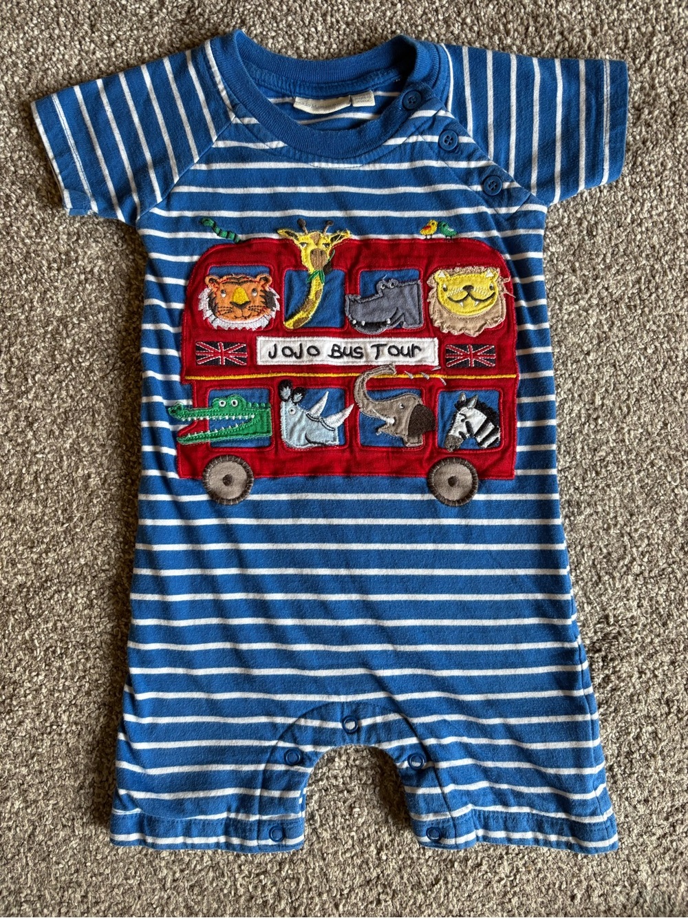 JoJo Maman Bebe Blue and White Striped Bus Appliqué One-Piece